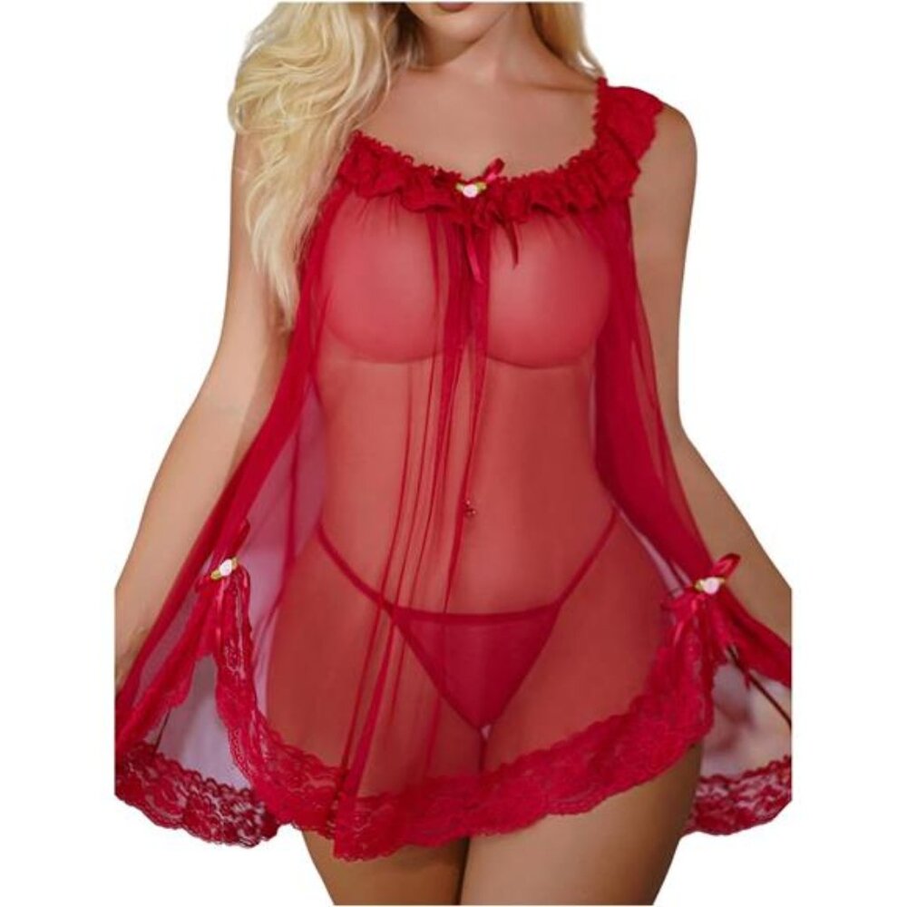 VALENTINE'S DAY Red Lingerie Babydoll Slip Nightie Floral Lace Negligee Large L - Picture 4 of 5
